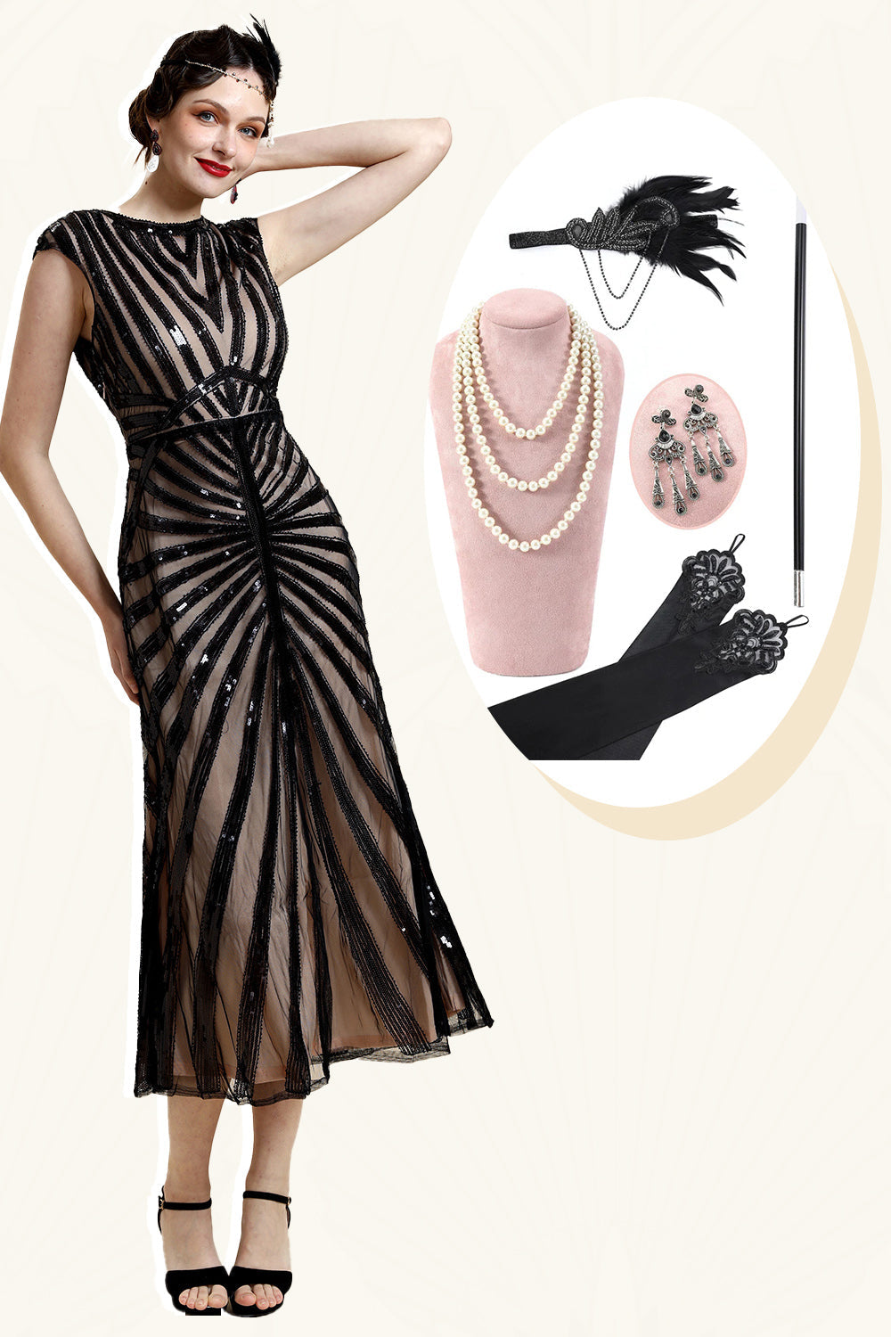 Zapaka donne frange nere 1920s Plus Size Gatsby Dress con set di